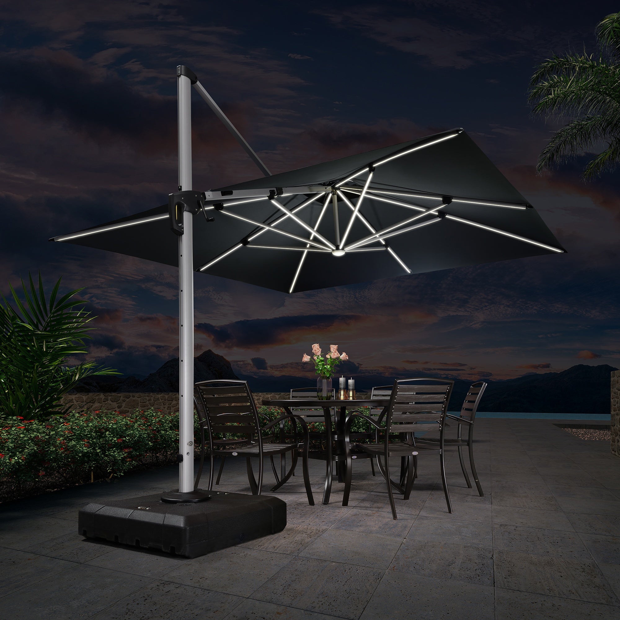 PURPLE LEAF Sombrilla cuadrada de doble cubierta con luces LED solares, ideal para jardín y terraza