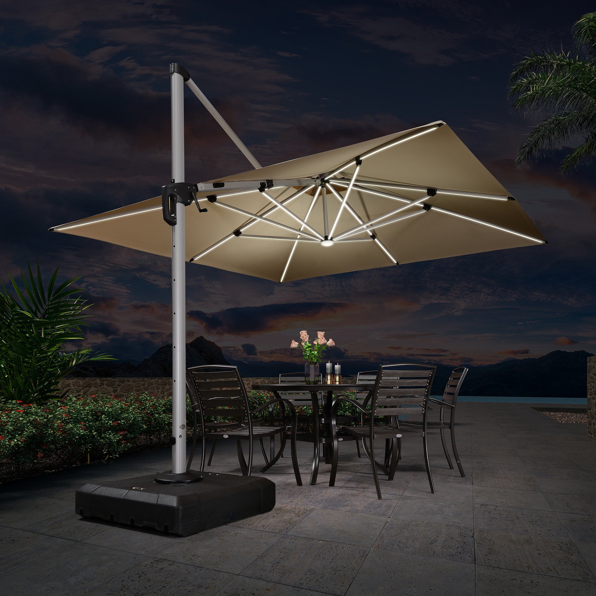 PURPLE LEAF Sombrilla cuadrada de doble cubierta con luces LED solares, ideal para jardín y terraza