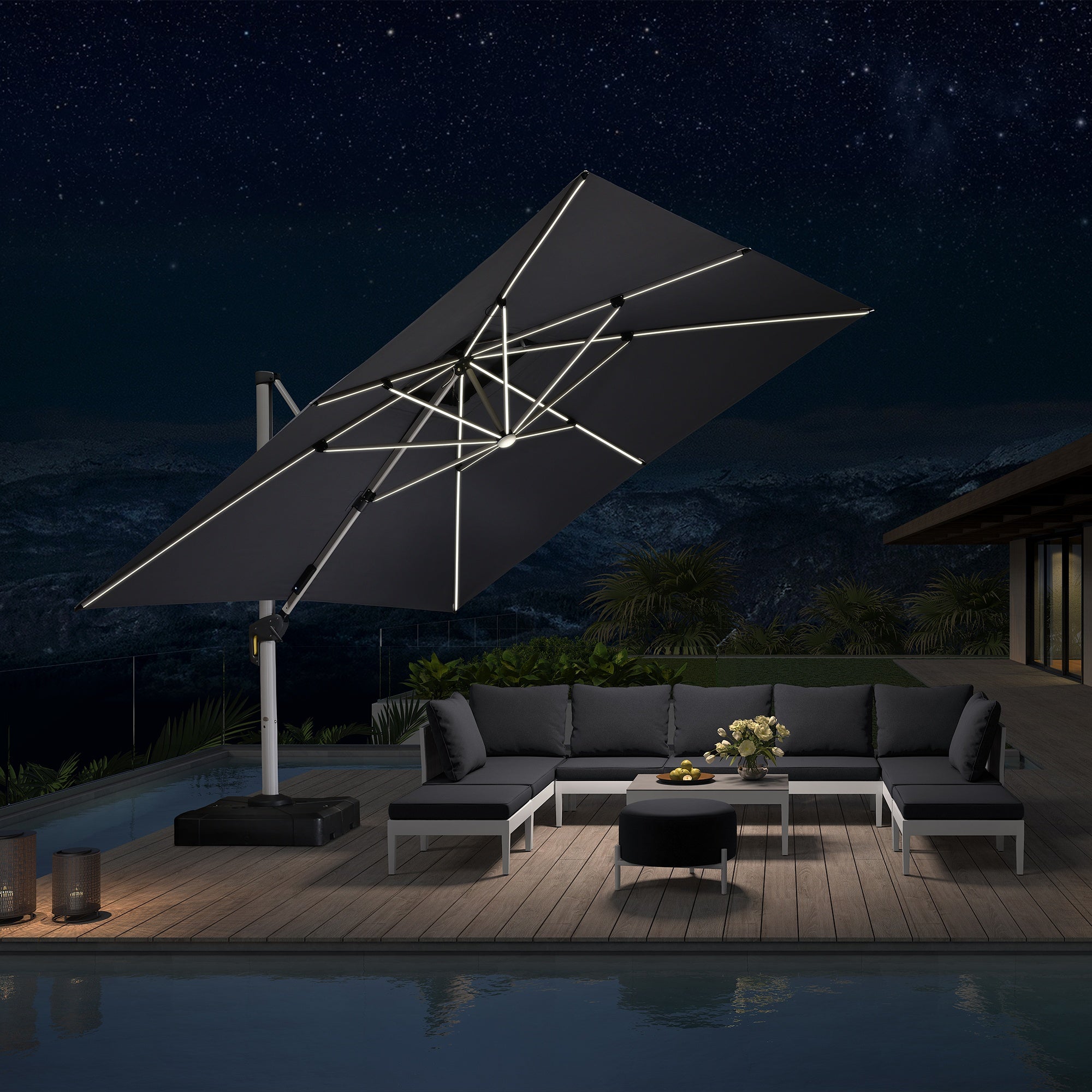 PURPLE LEAF Sombrilla cuadrada de doble cubierta con luces LED solares, ideal para jardín y terraza