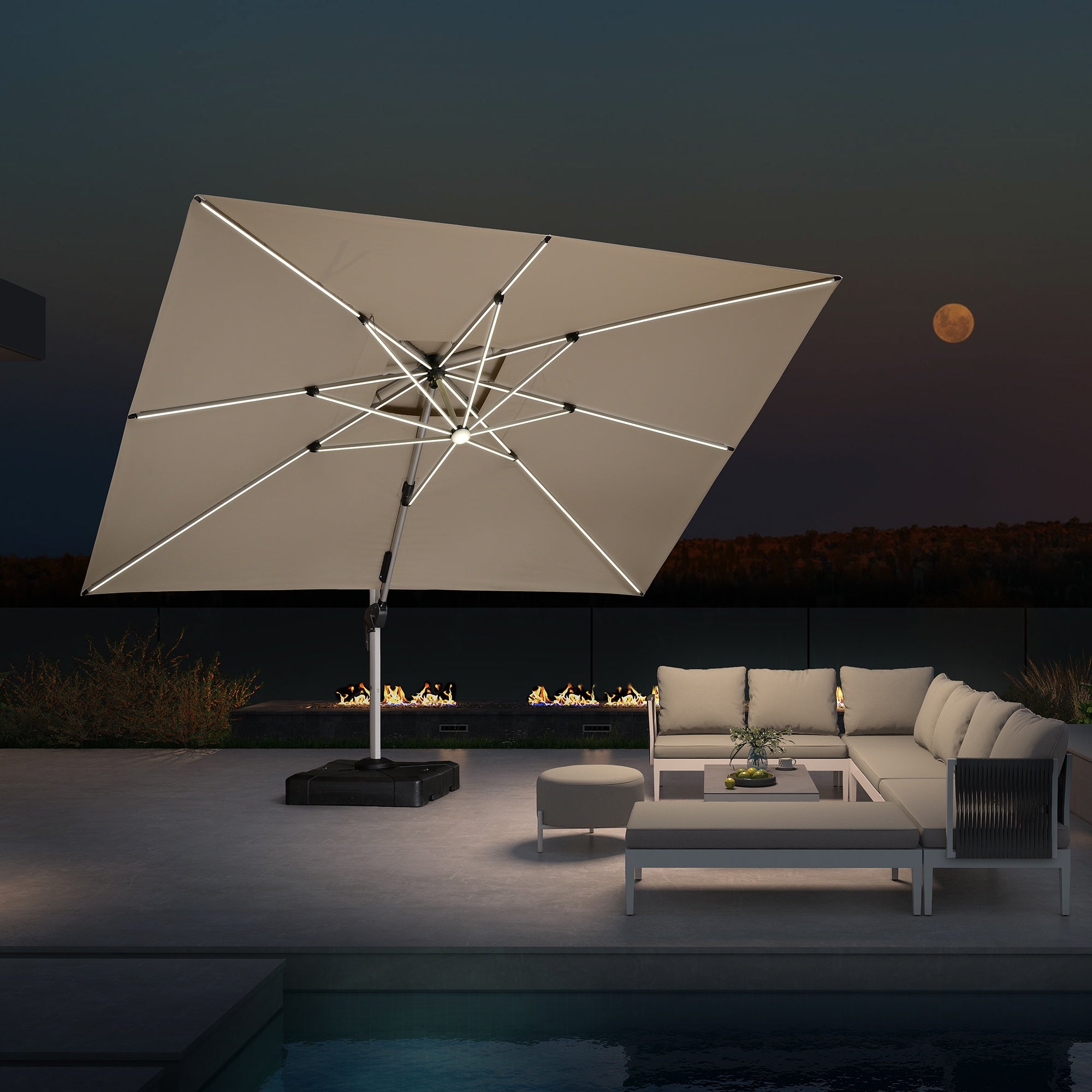 PURPLE LEAF Sombrilla rectangular de doble techo de aluminio con luces LED, ideal para balcón y jardín