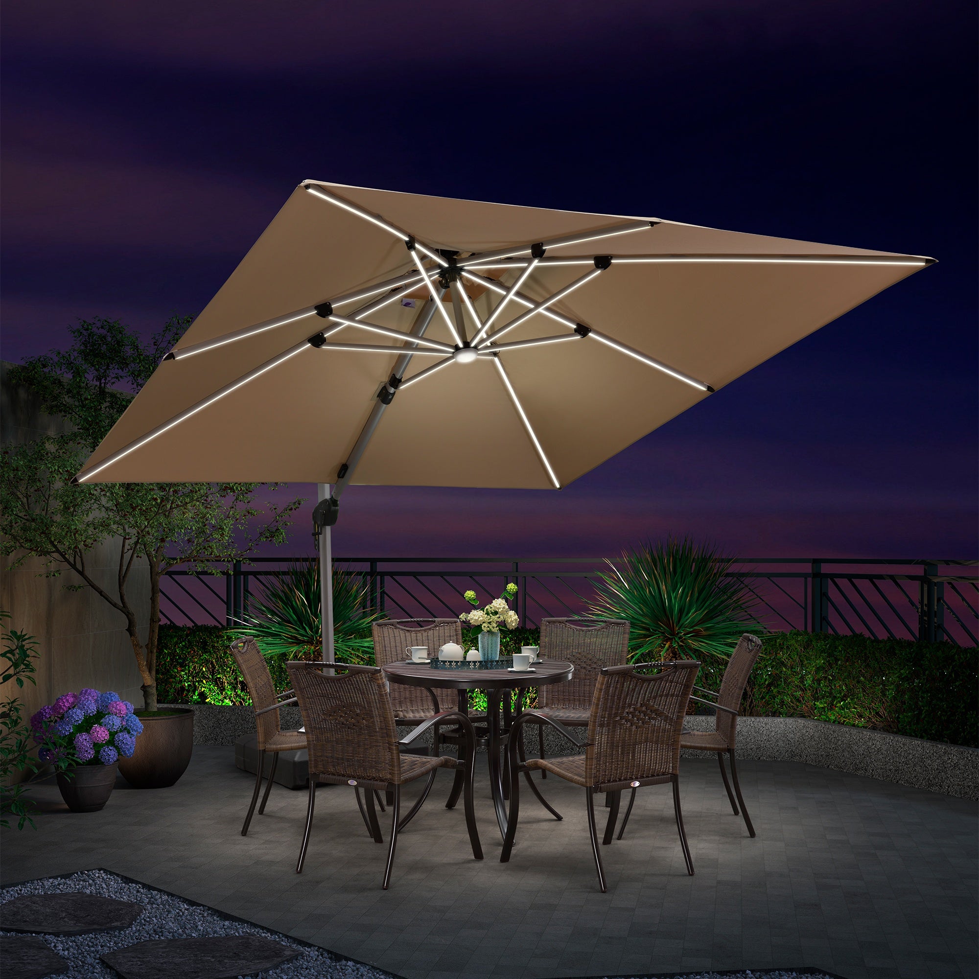 PURPLE LEAF Sombrilla cuadrada de doble cubierta con luces LED solares, ideal para jardín y terraza