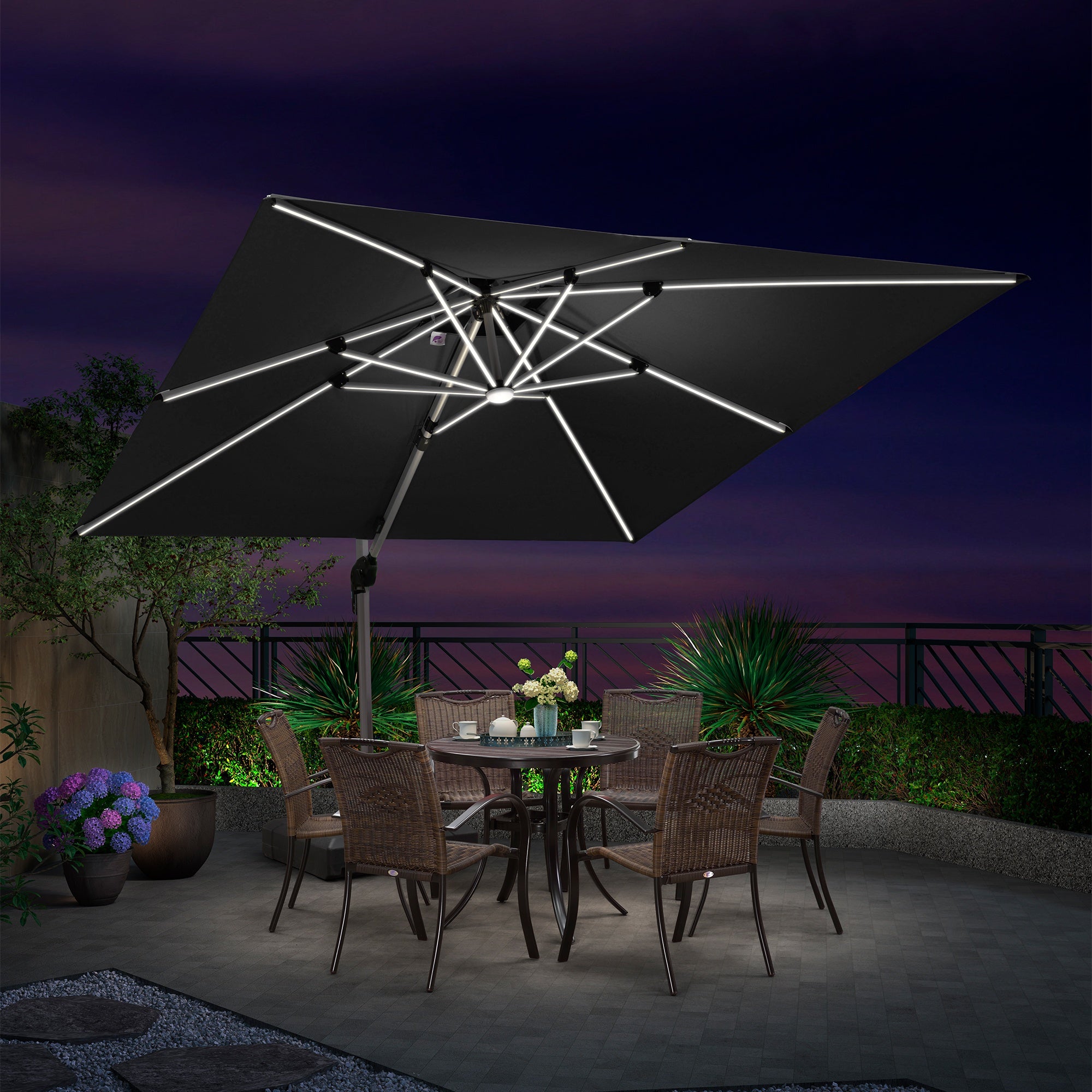 PURPLE LEAF Sombrilla cuadrada de doble cubierta con luces LED solares, ideal para jardín y terraza