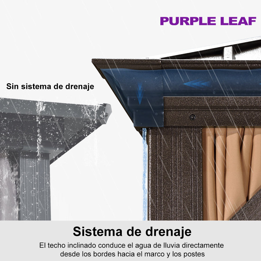 PURPLE LEAF Cenador Premium de Aluminio Bronce con Techo de Acero Galvanizado y Luz LED Neutra Integrada