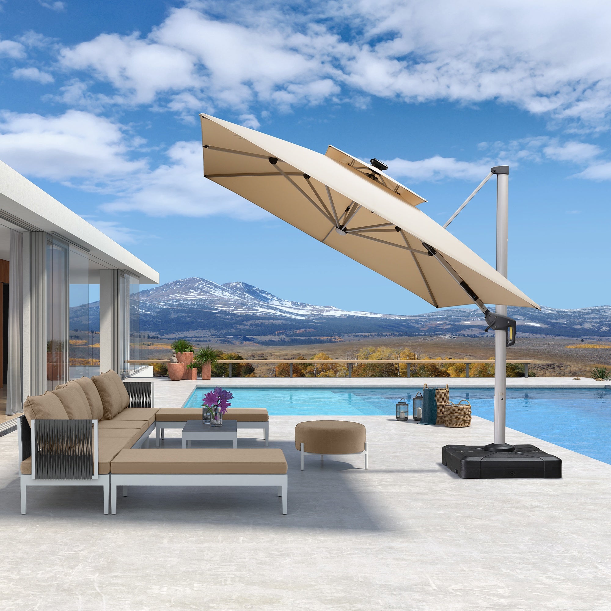 PURPLE LEAF Sombrilla rectangular de doble techo de aluminio con luces LED, ideal para balcón y jardín