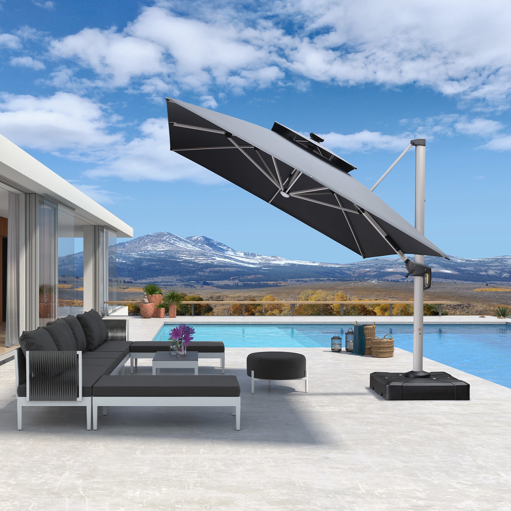 PURPLE LEAF Sombrilla rectangular de doble techo de aluminio con luces LED, ideal para balcón y jardín