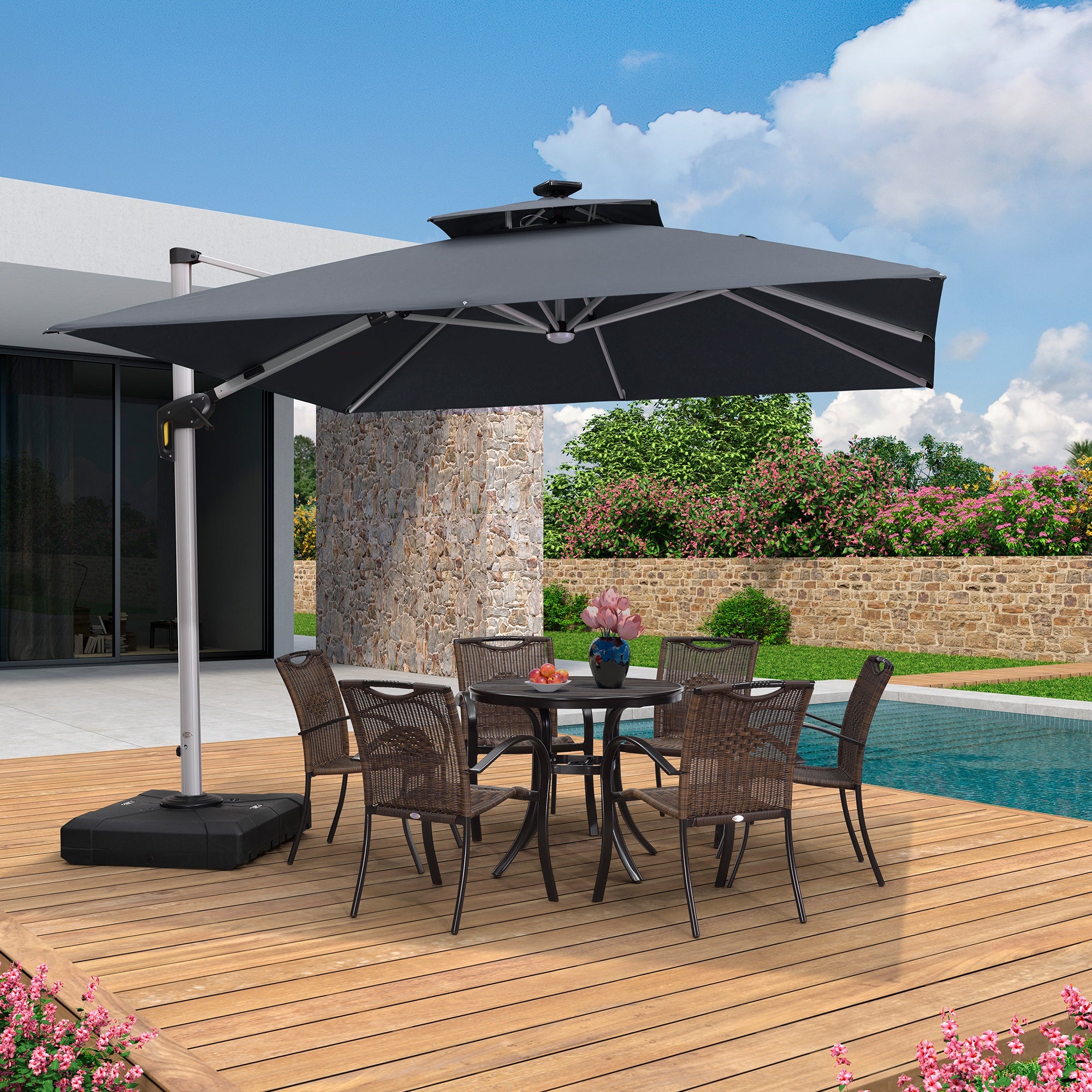 PURPLE LEAF Sombrilla cuadrada de doble cubierta con luces LED solares, ideal para jardín y terraza