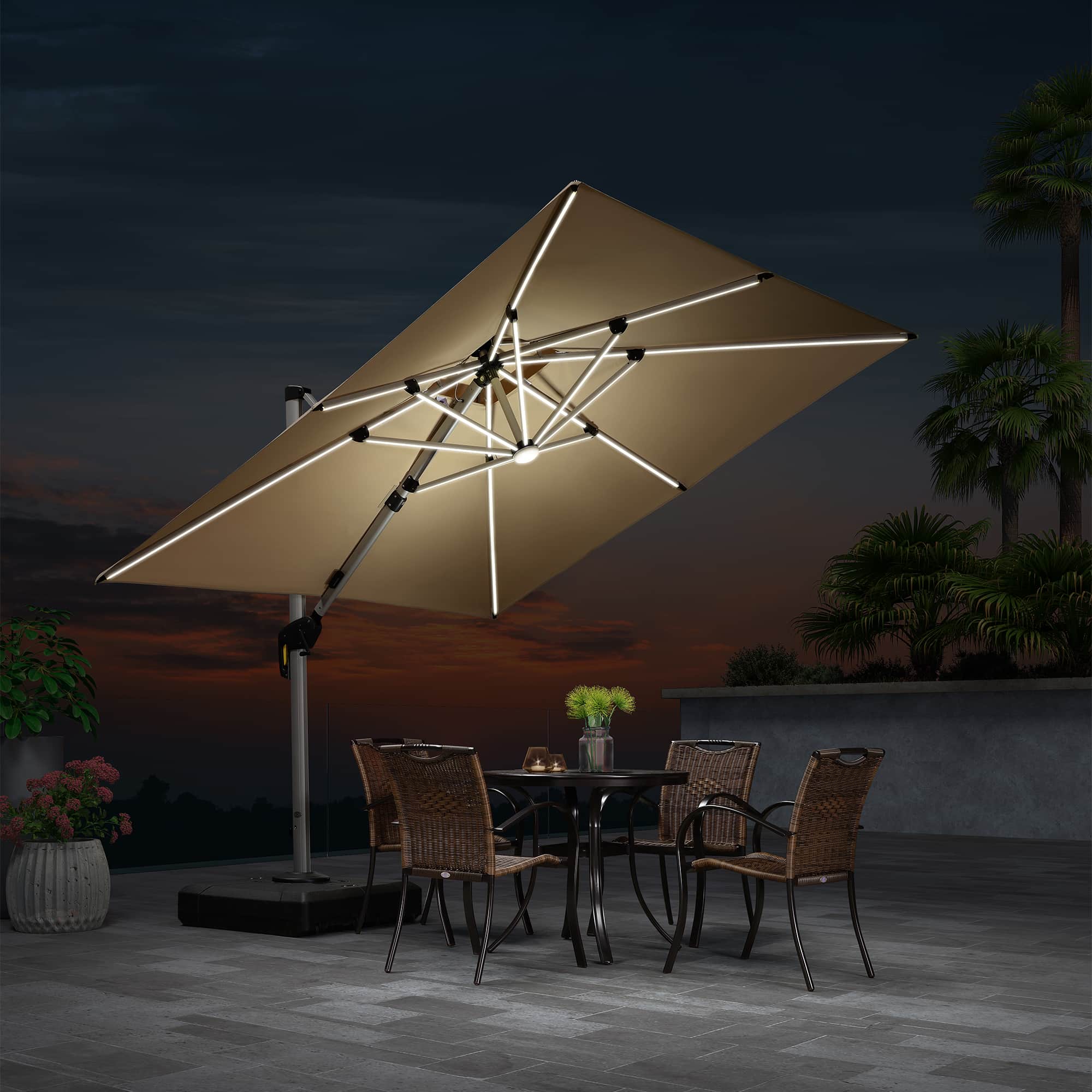 PURPLE LEAF Sombrilla cuadrada de doble cubierta con luces LED solares, ideal para jardín y terraza