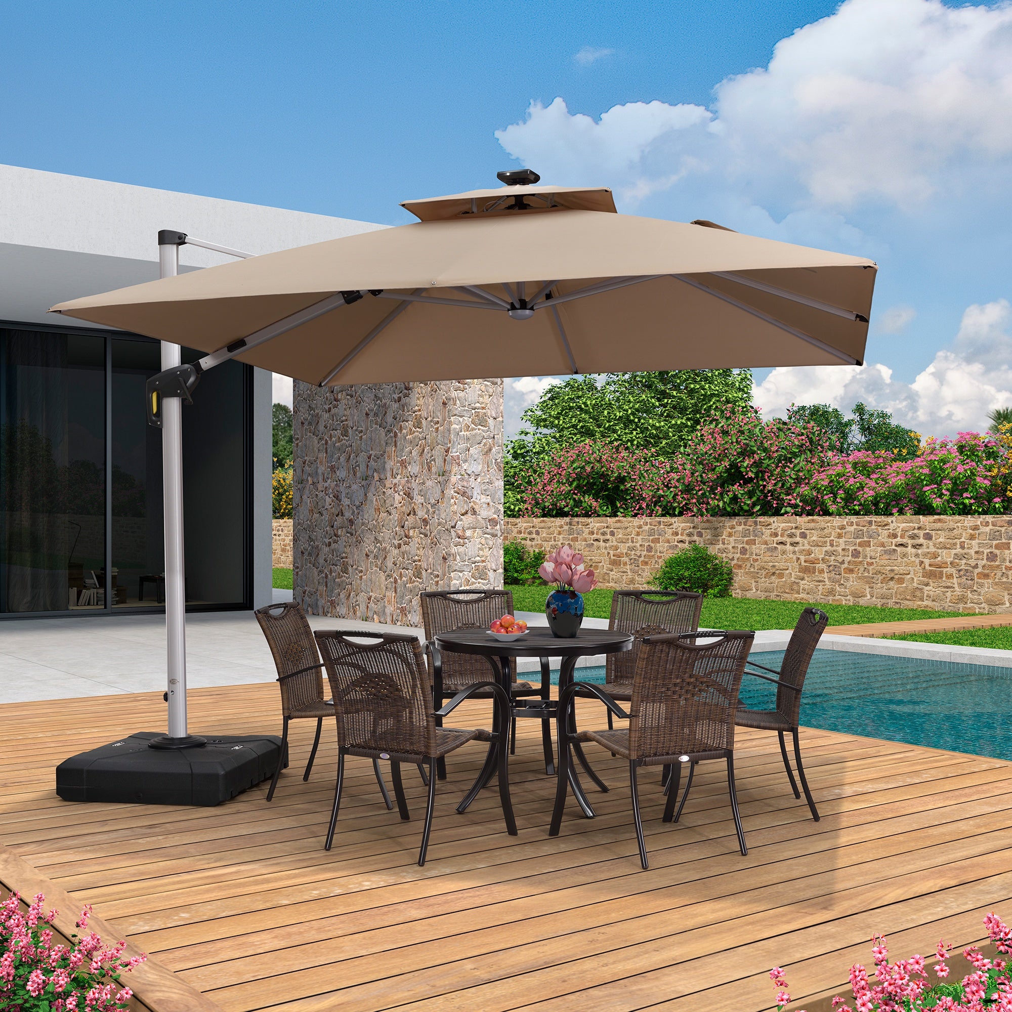 PURPLE LEAF Sombrilla cuadrada de doble cubierta con luces LED solares, ideal para jardín y terraza