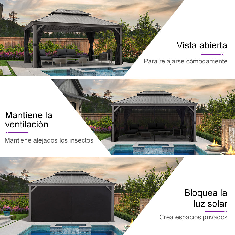 PURPLE LEAF Cenador Jardín Gris Claro Aluminio Techo de Acero Galvanizado Cortinas Mosquiteras