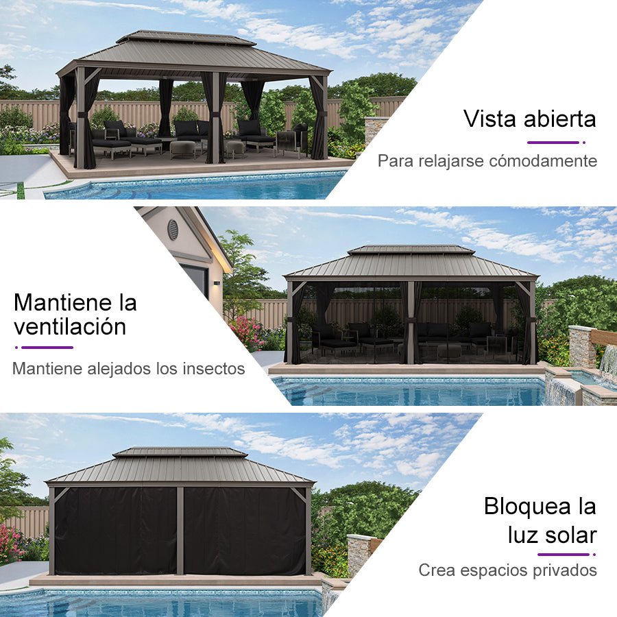 PURPLE LEAF Cenador Jardín Gris Claro Aluminio Techo de Acero Galvanizado Cortinas Mosquiteras