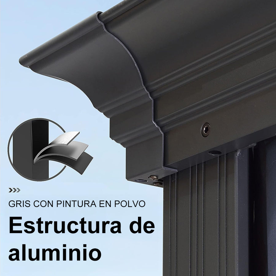 PURPLE LEAF Cenador de Jardín y Terraza de Aluminio con Luz LED Neutra, Techo de Acero Galvanizado, Cortinas y Mosquiteras, Color Gris