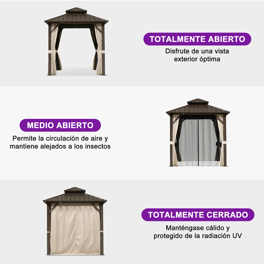 PURPLE LEAF Cenador Premium de Aluminio Color Bronce con Techo de Acero Galvanizado, Cortinas, Mosquiteras e Iluminación LED Neutra (Tulipa Blanco Opalino)
