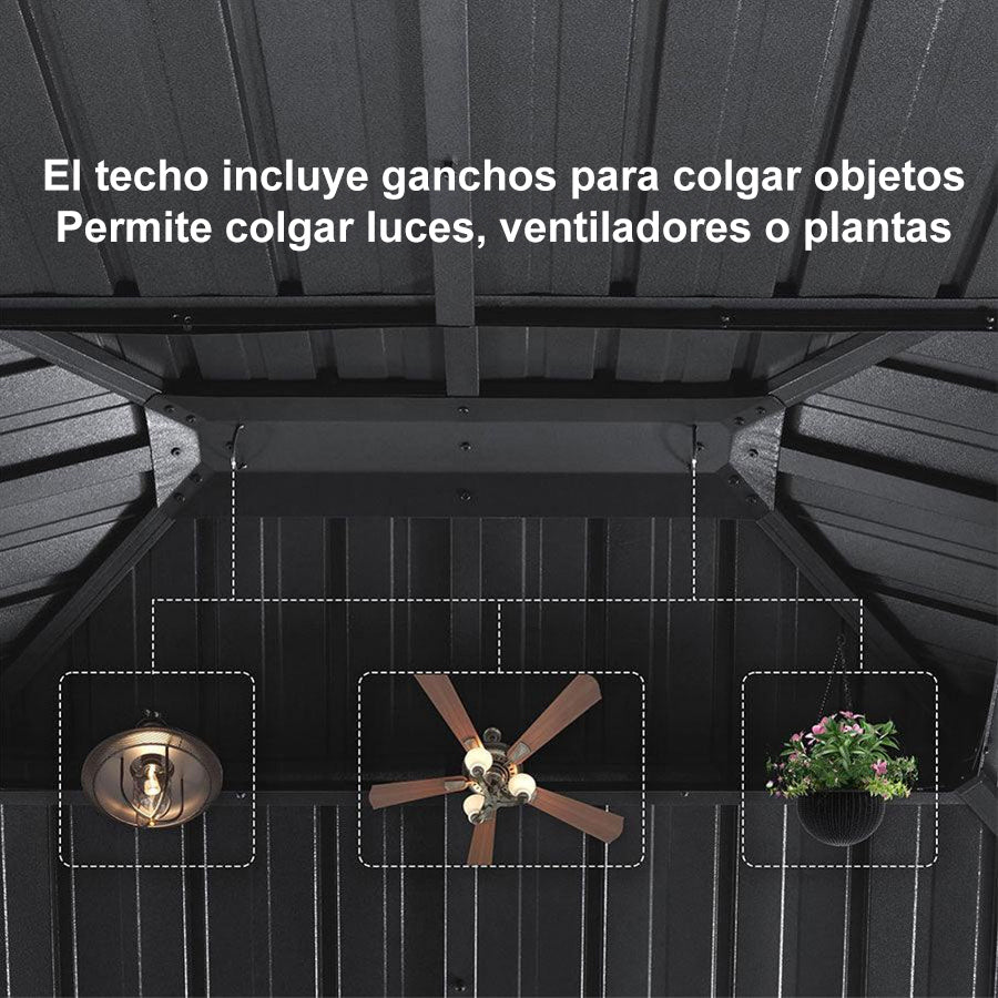 PURPLE LEAF Cenador de Jardín y Terraza de Aluminio con Luz LED Neutra, Techo de Acero Galvanizado, Cortinas y Mosquiteras, Color Gris