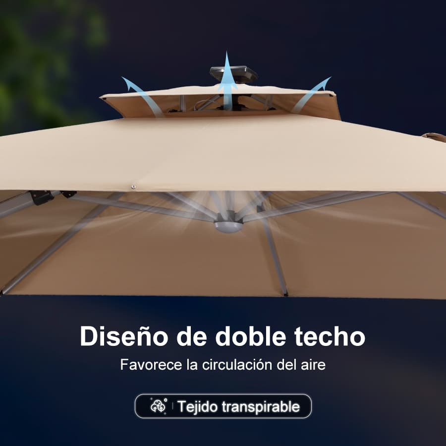 PURPLE LEAF Sombrilla cuadrada de doble cubierta con luces LED solares, ideal para jardín y terraza