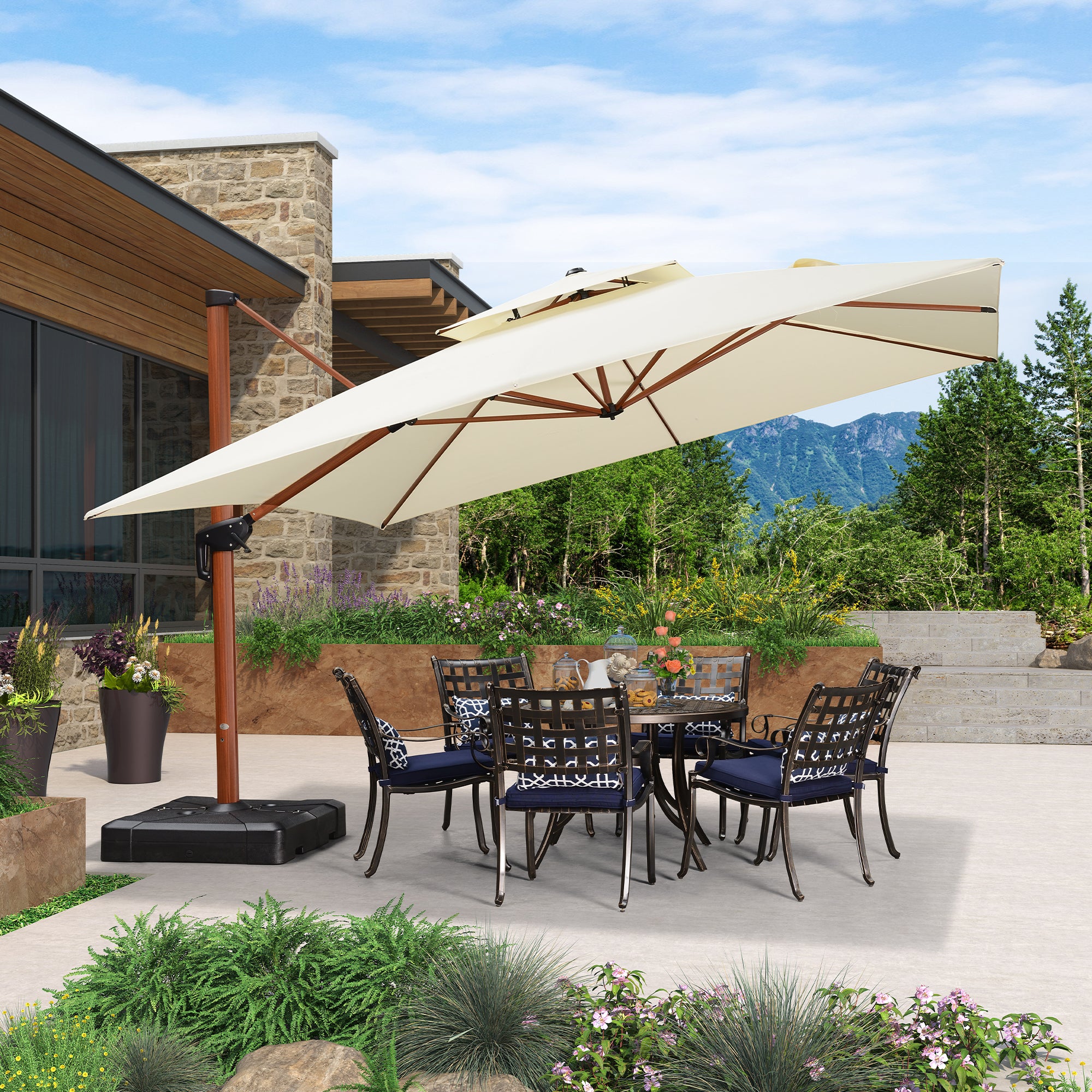 PURPLE LEAF Sombrilla de jardín cuadrada de aluminio efecto madera con doble techo para exteriores