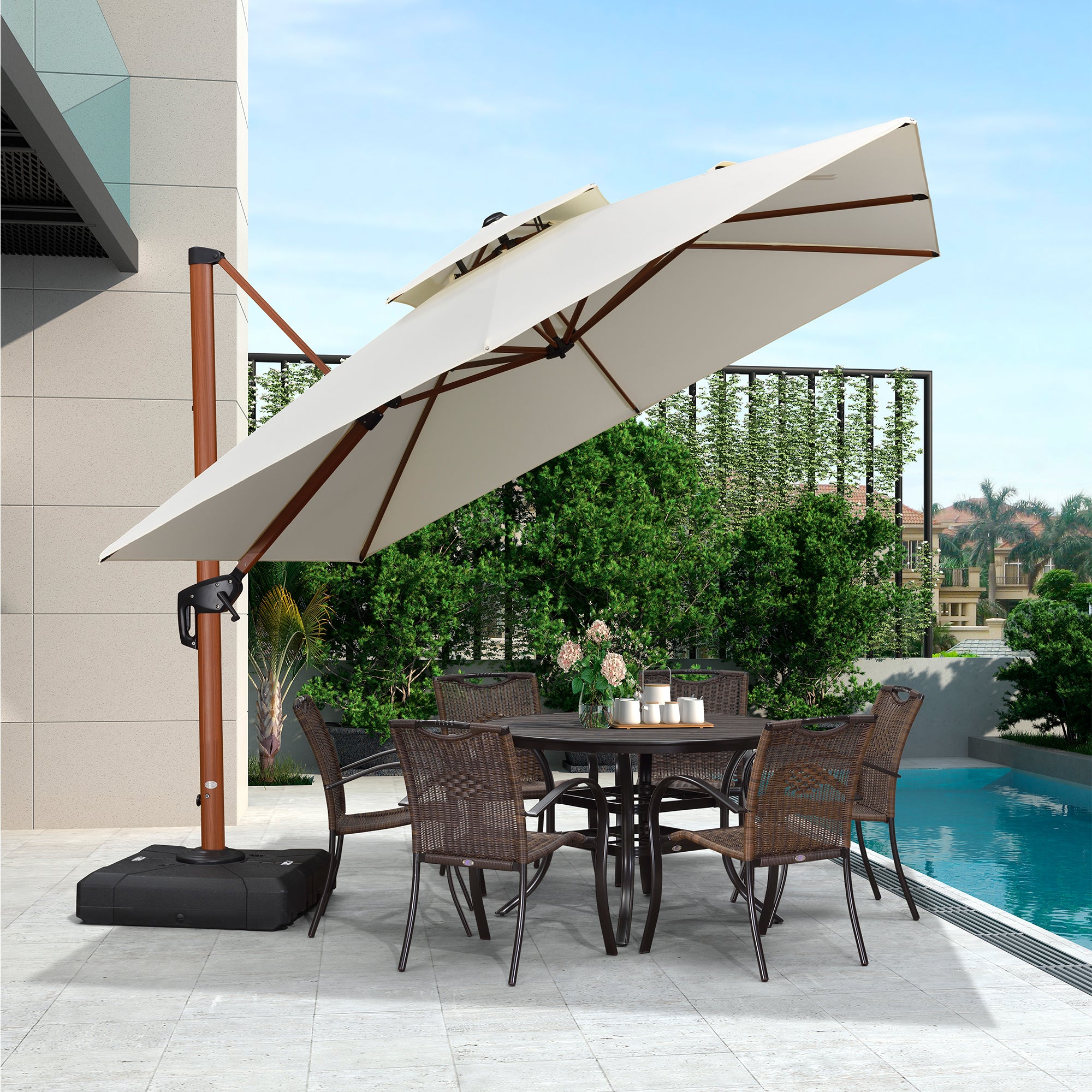 PURPLE LEAF Sombrilla de jardín cuadrada de aluminio efecto madera con doble techo para exteriores