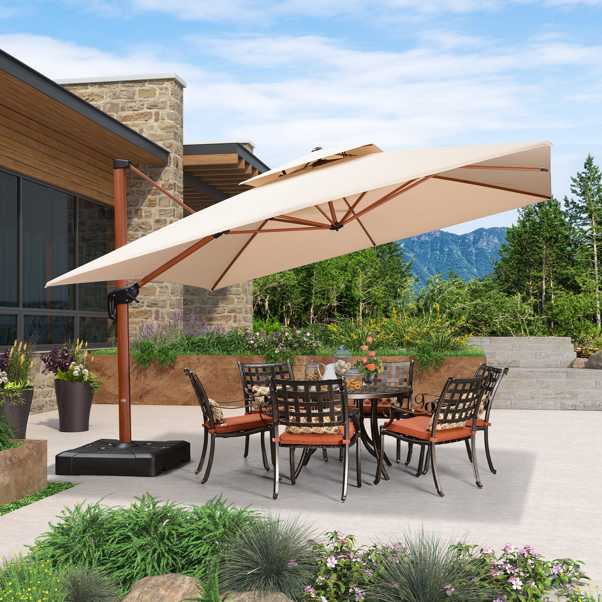 PURPLE LEAF Sombrilla de jardín cuadrada de aluminio efecto madera con doble techo para exteriores