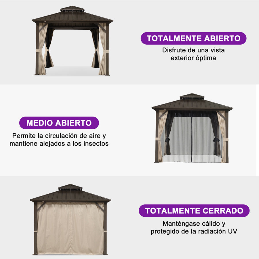 PURPLE LEAF Cenador de Jardín y Terraza de Aluminio Color Bronce con Techo de Acero Galvanizado, Cortinas y Mosquiteras - Sin Luz