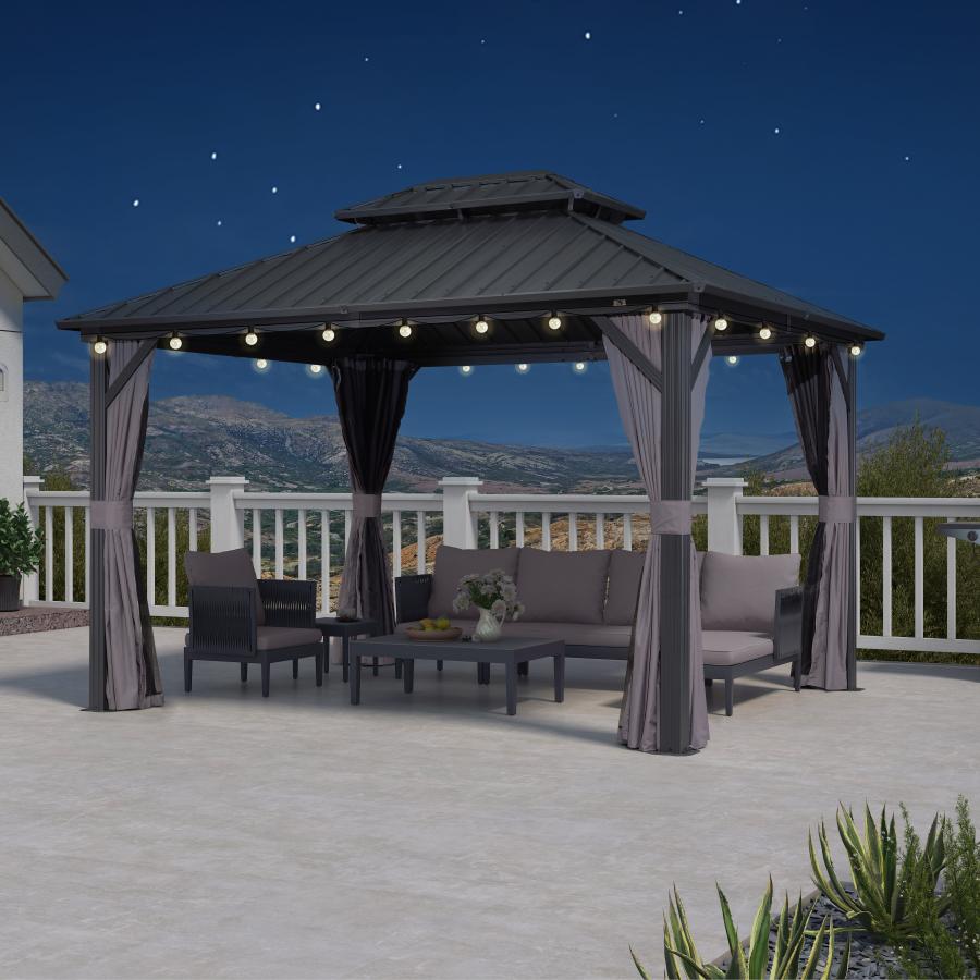 Purple Leaf Cenador de Jardín Estándar Gris, Pérgola de Aluminio con Techo de Acero Galvanizado y Luces de Cadena Con Luz Cálida