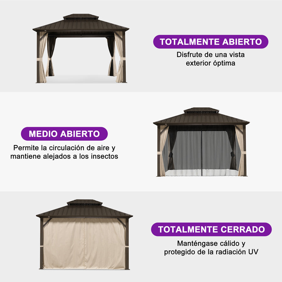 PURPLE LEAF Cenador Premium de Aluminio Color Bronce con Techo de Acero Galvanizado, Cortinas, Mosquiteras e Iluminación LED Neutra (Tulipa Blanco Opalino)