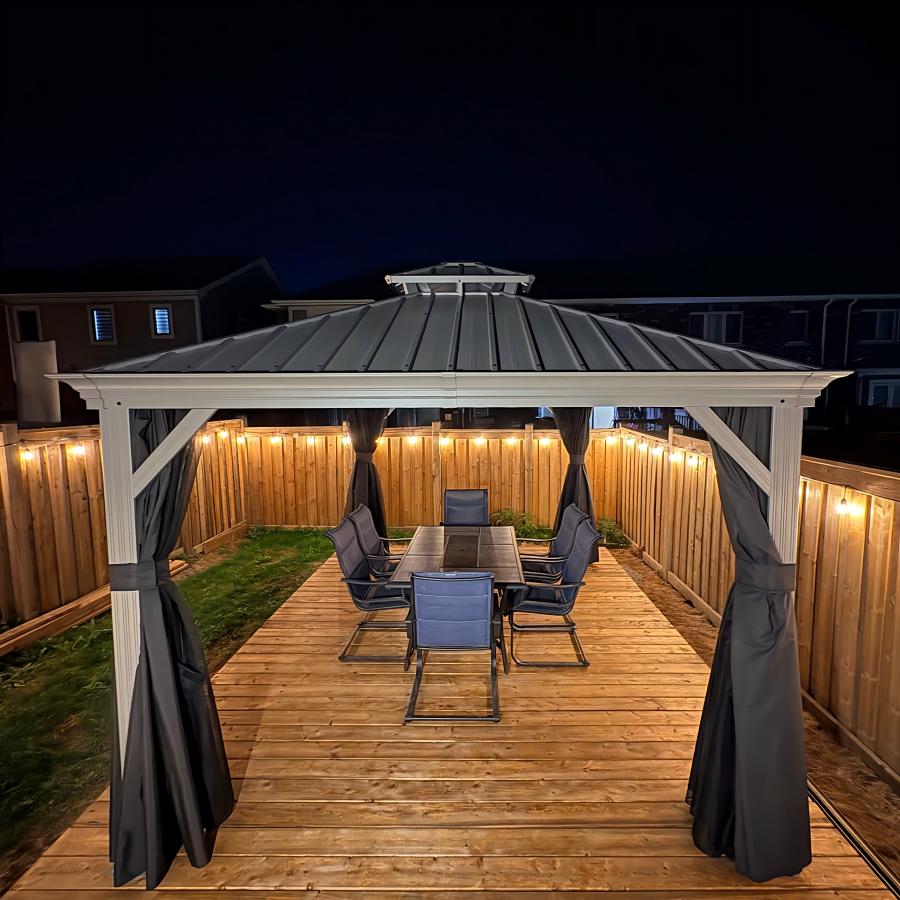 PURPLE LEAF Cenador de Jardín de Aluminio Gris Claro con Luz LED Neutra, Techo de Acero Galvanizado, Cortinas y Mosquiteras