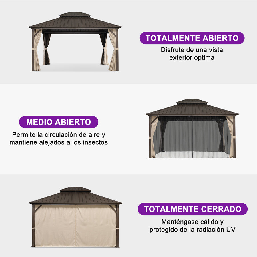 PURPLE LEAF Cenador de Jardín y Terraza de Aluminio Color Bronce con Techo de Acero Galvanizado, Cortinas y Mosquiteras - Sin Luz
