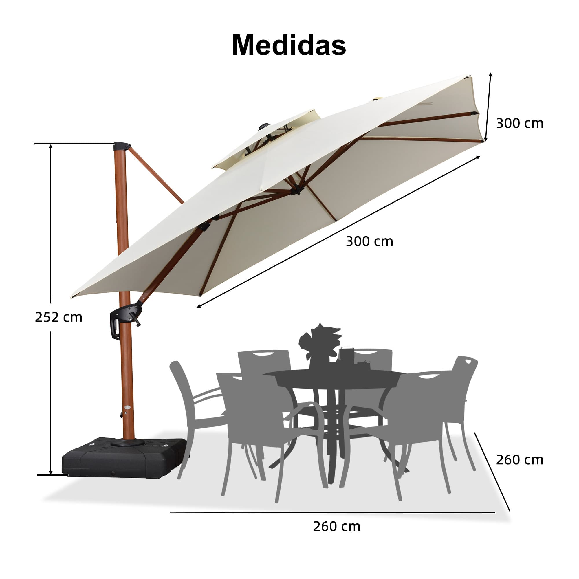 PURPLE LEAF Sombrilla de jardín cuadrada de aluminio efecto madera con doble techo para exteriores