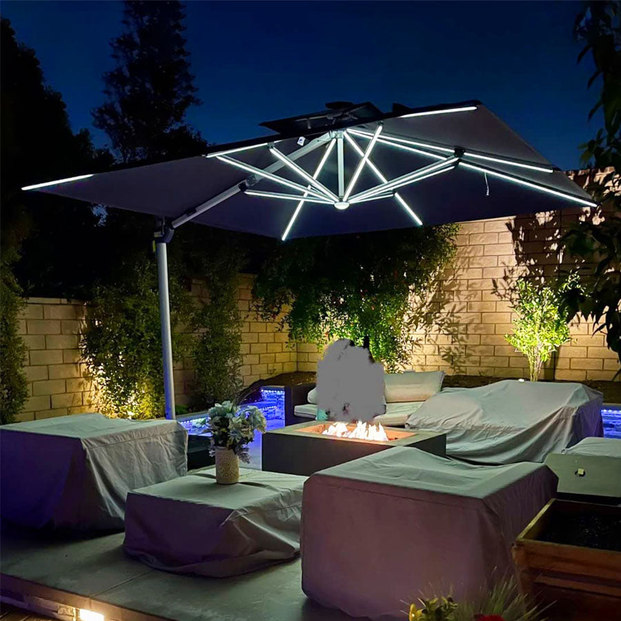 PURPLE LEAF Sombrilla cuadrada de doble cubierta con luces LED solares, ideal para jardín y terraza