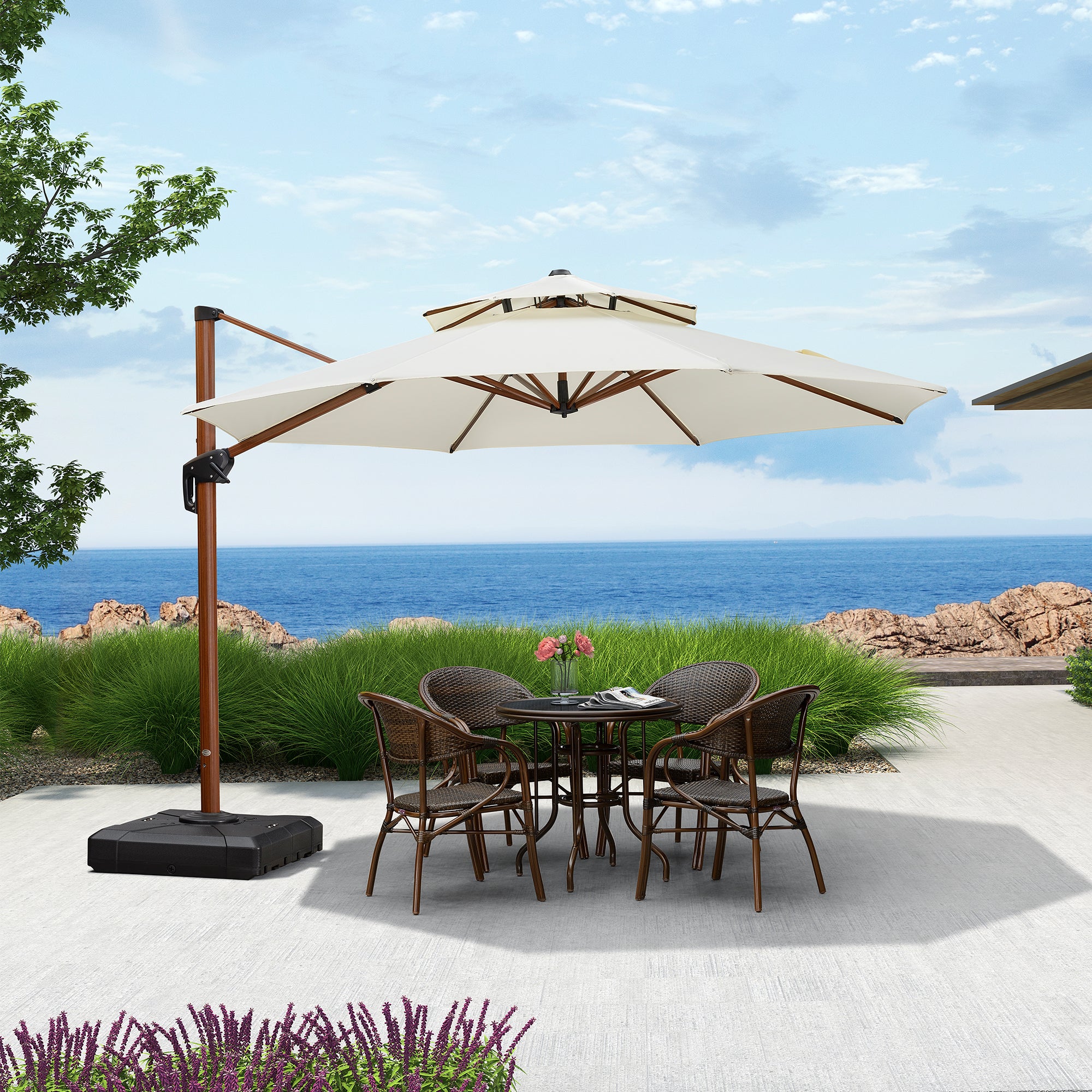 PURPLE LEAF Sombrilla Redonda de Jardín con Doble Techo y Acabado en Madera