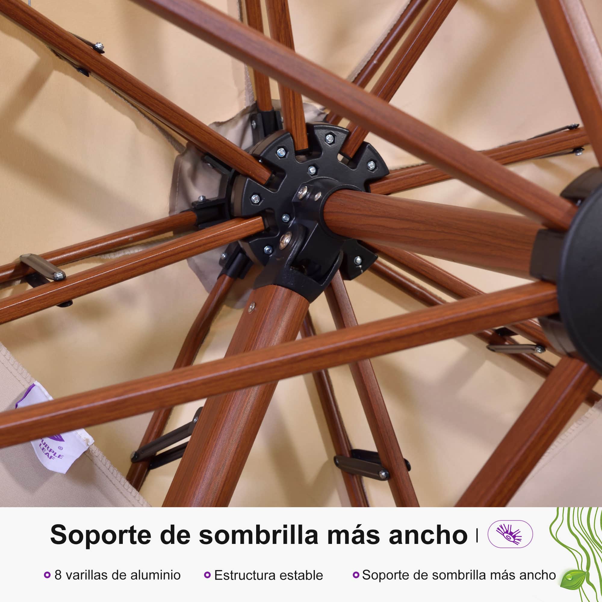 PURPLE LEAF Sombrilla de jardín cuadrada de aluminio efecto madera con doble techo para exteriores