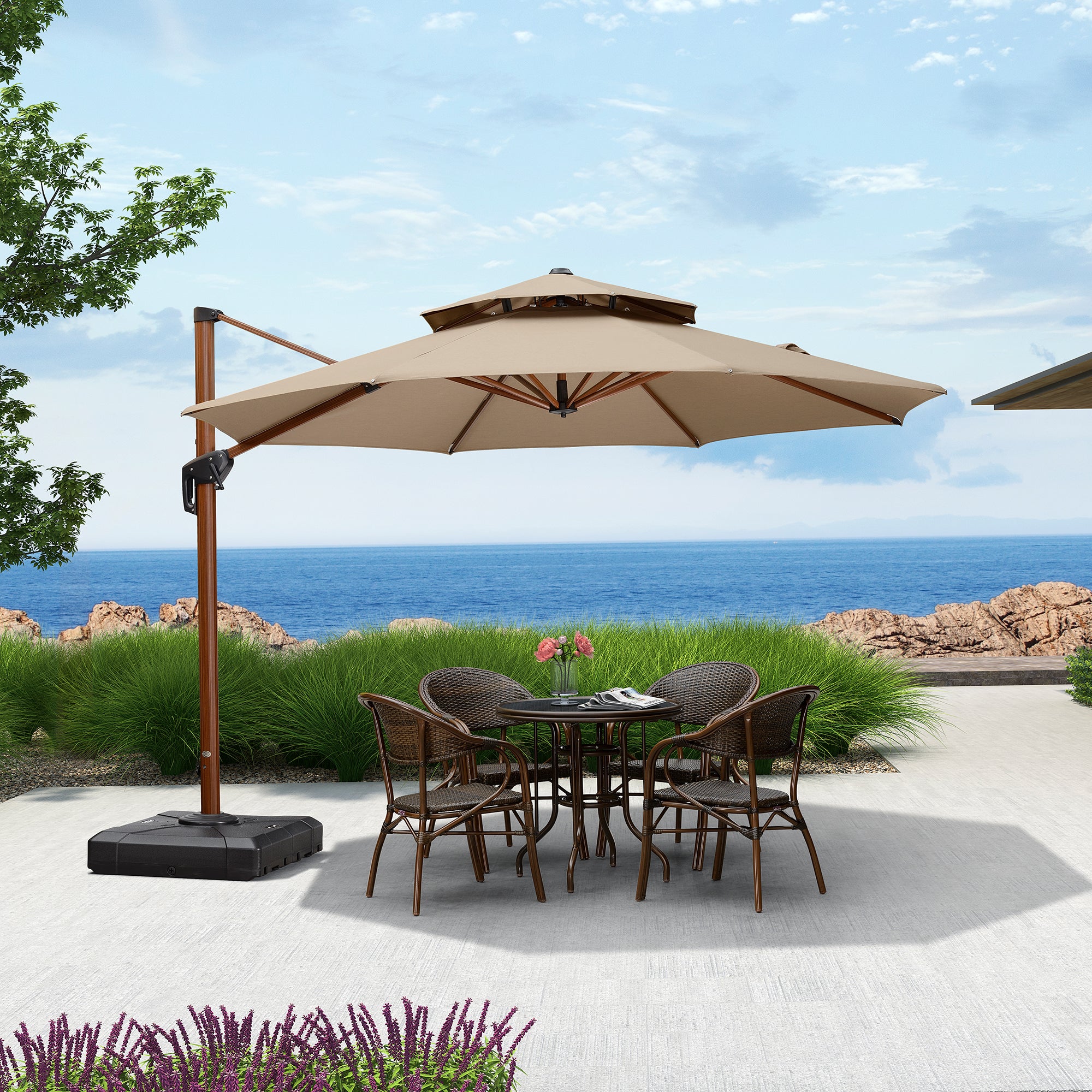 PURPLE LEAF Sombrilla Redonda de Jardín con Doble Techo y Acabado en Madera