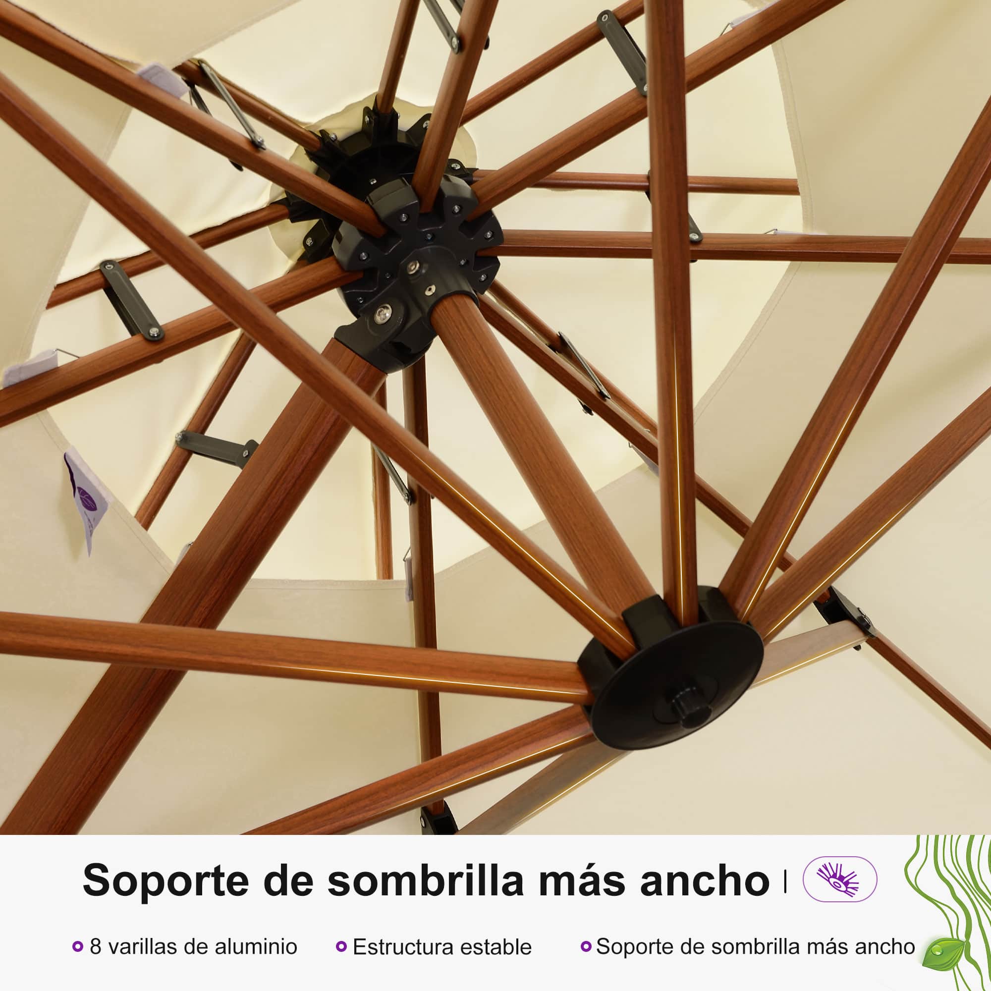 PURPLE LEAF Sombrilla de jardín cuadrada de aluminio con doble techo y acabado en madera