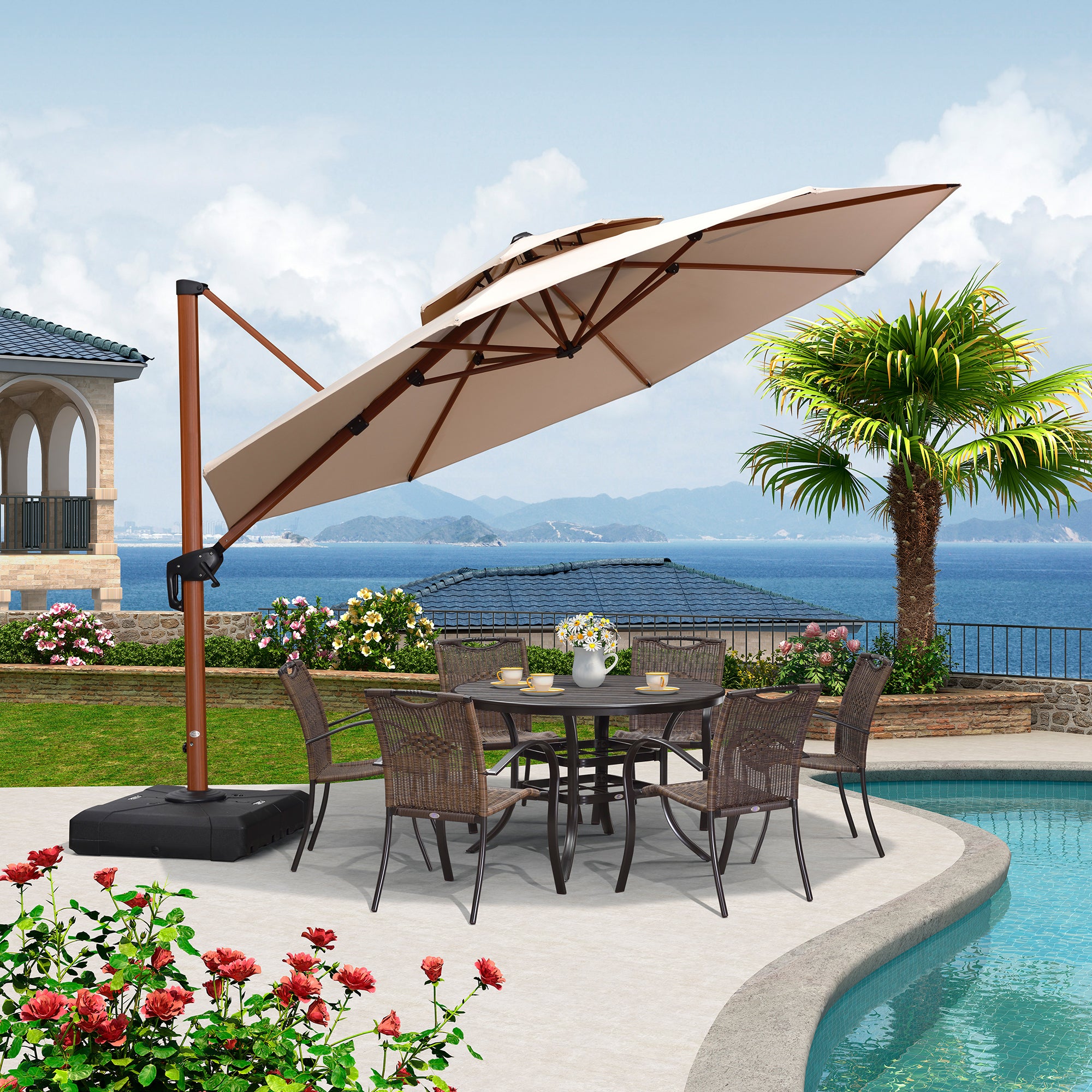 PURPLE LEAF Sombrilla Redonda de Jardín con Doble Techo y Acabado en Madera