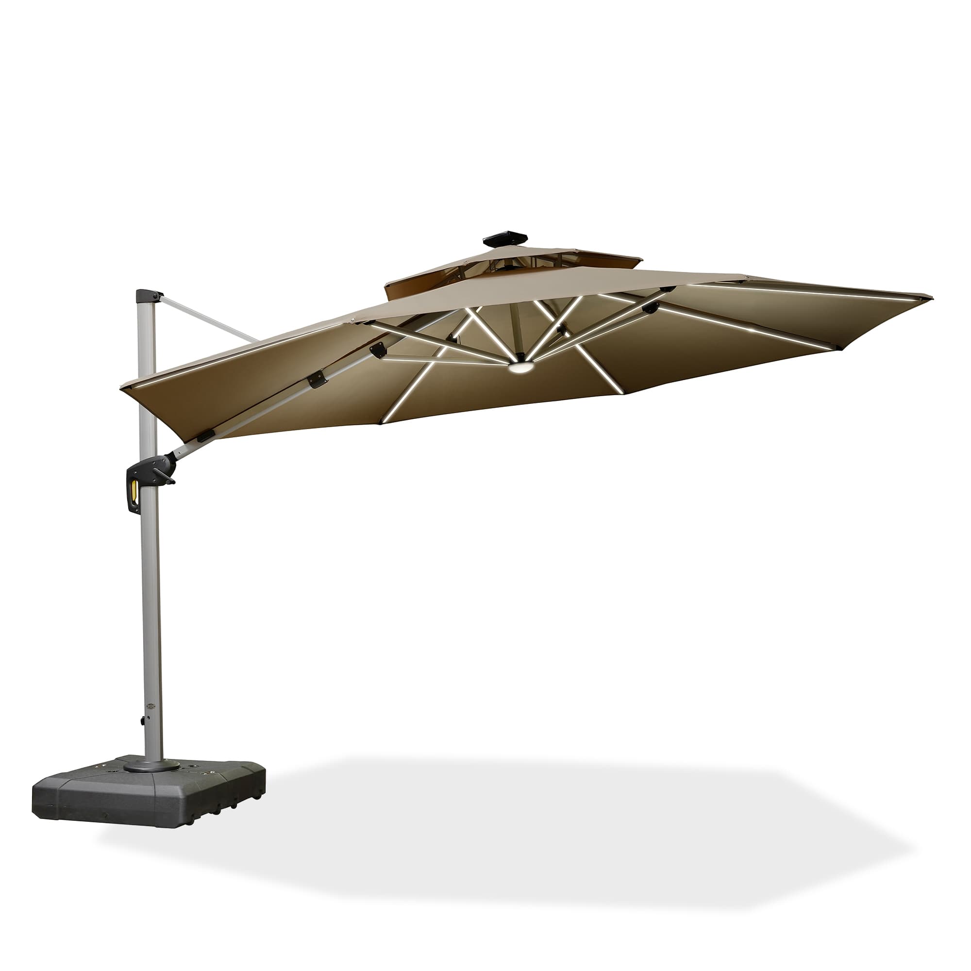 PURPLE LEAF Sombrilla excéntrico redondo con luces LED solares y rotación de 360°, ideal para jardín y terraza