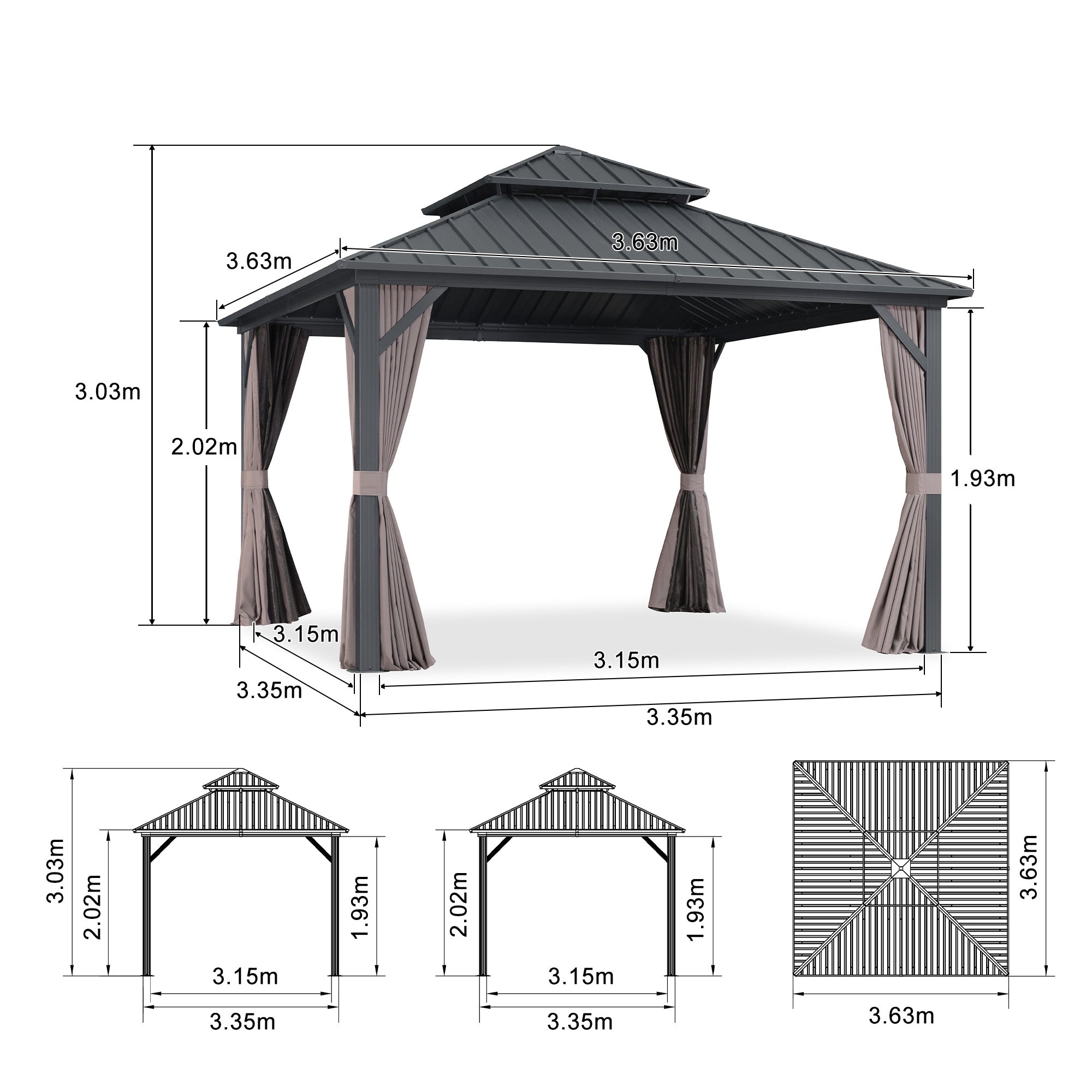 Purple Leaf Cenador de Jardín Estándar Gris, Pérgola de Aluminio con Techo de Acero Galvanizado y Luces de Cadena Con Luz Cálida