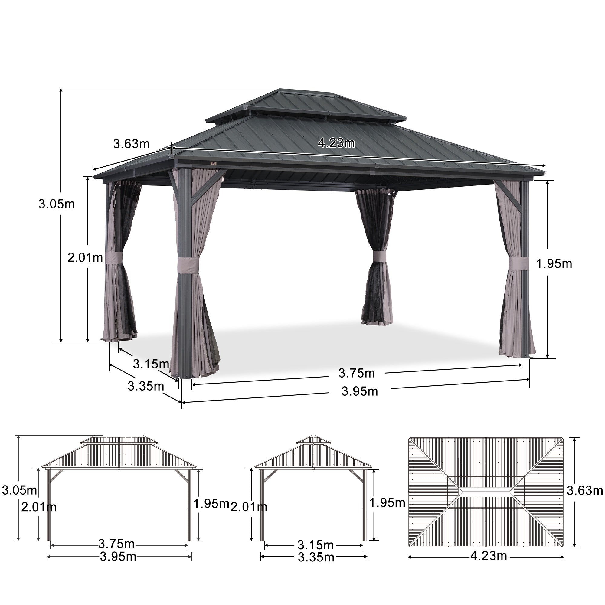Purple Leaf Cenador de Jardín Estándar Gris, Pérgola de Aluminio con Techo de Acero Galvanizado y Luces de Cadena Con Luz Cálida