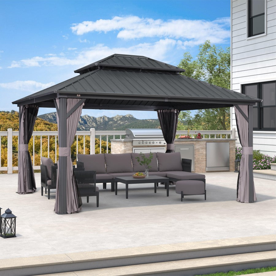 PURPLE LEAF Cenador Estándar Gris con Doble Techo de Acero Galvanizado, Mosquitera y Cortinas