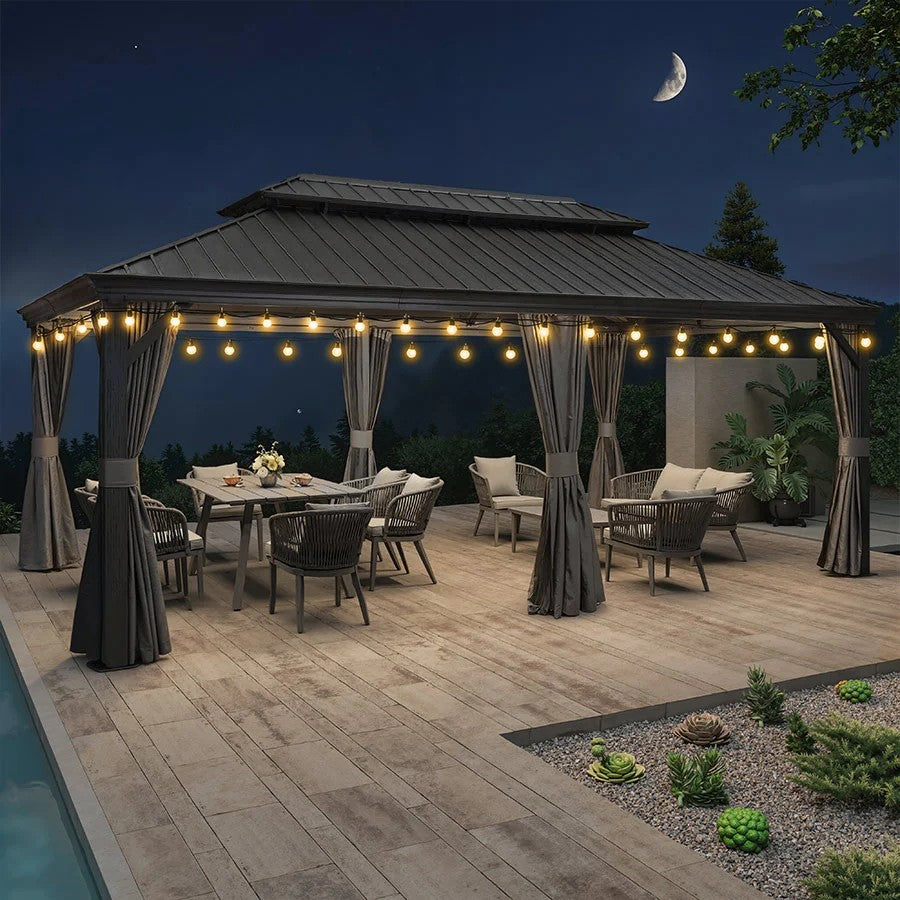 PURPLE LEAF Cenador de Aluminio para Jardín y Terraza con Luz LED Cálida Techo de Acero Galvanizado Cortinas y Mosquiteras Gris