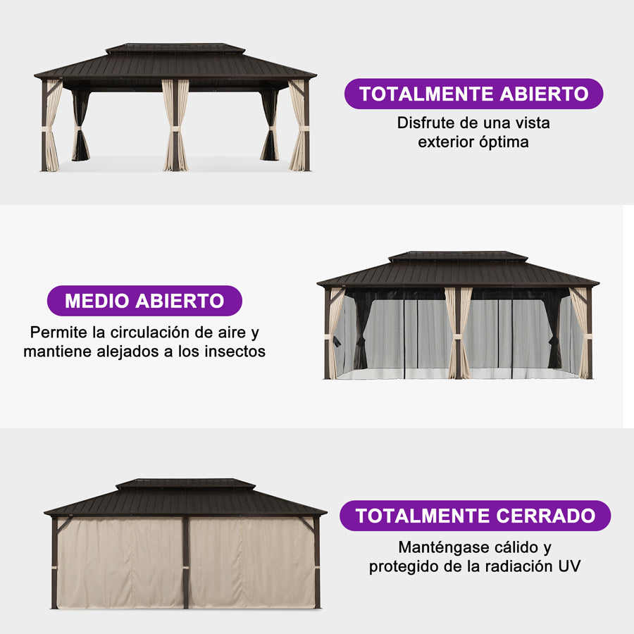 PURPLE LEAF Cenador Premium de Aluminio Color Bronce con Techo de Acero Galvanizado, Cortinas, Mosquiteras e Iluminación LED Cálida (Tulipa Transparente)