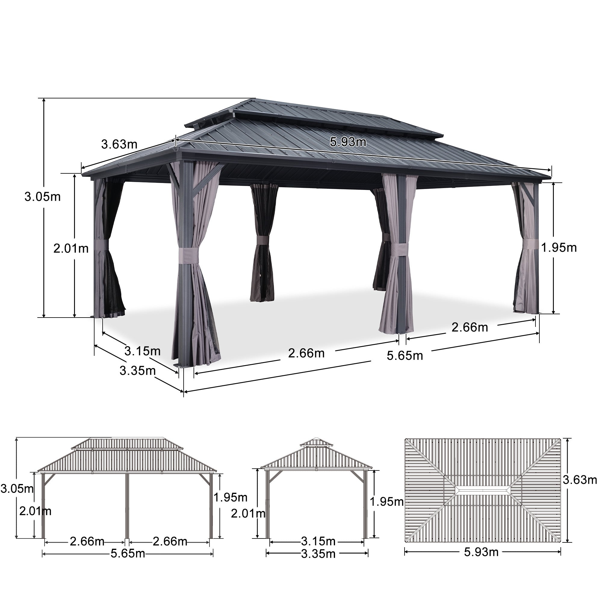 PURPLE LEAF Cenador Estándar Gris con Doble Techo de Acero Galvanizado, Mosquitera y Cortinas