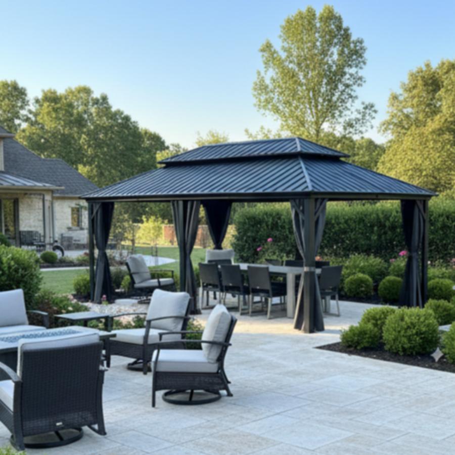 Purple Leaf Cenador de Jardín Estándar Gris, Pérgola de Aluminio con Techo de Acero Galvanizado y Luces de Cadena Con Luz Cálida