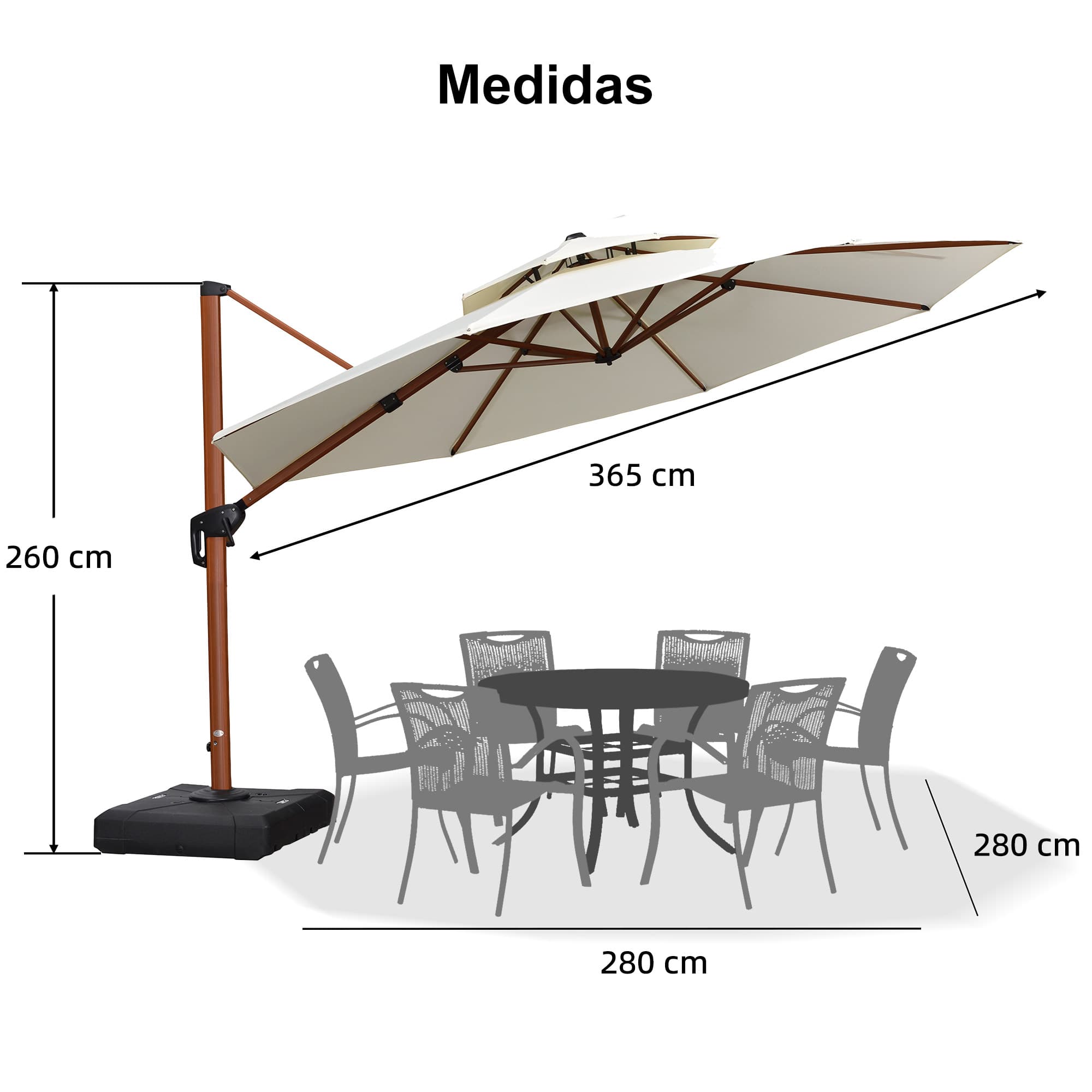 PURPLE LEAF Sombrilla Redonda de Jardín con Doble Techo y Acabado en Madera