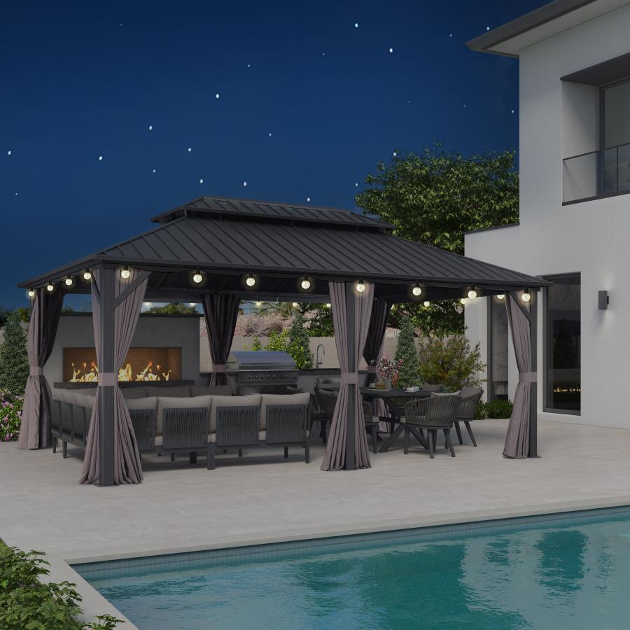 Purple Leaf Cenador de Jardín Estándar Gris, Pérgola de Aluminio con Techo de Acero Galvanizado y Luces de Cadena Con Luz Cálida