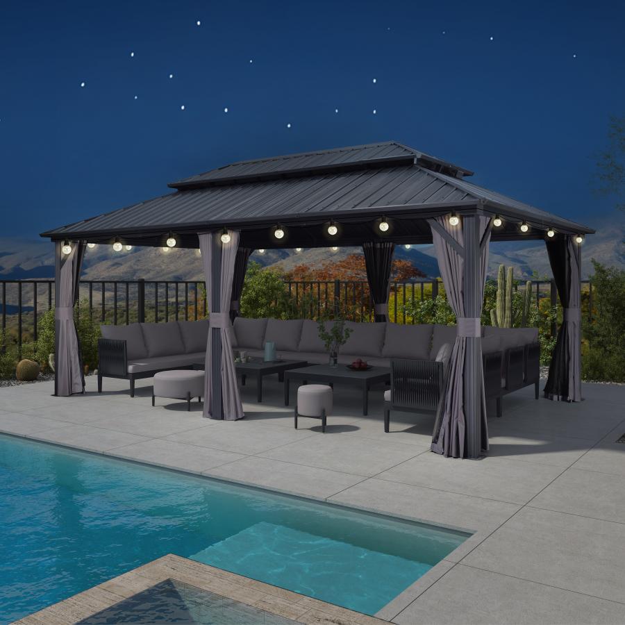 Purple Leaf Cenador de Jardín Estándar Gris, Pérgola de Aluminio con Techo de Acero Galvanizado y Luces de Cadena Con Luz Cálida