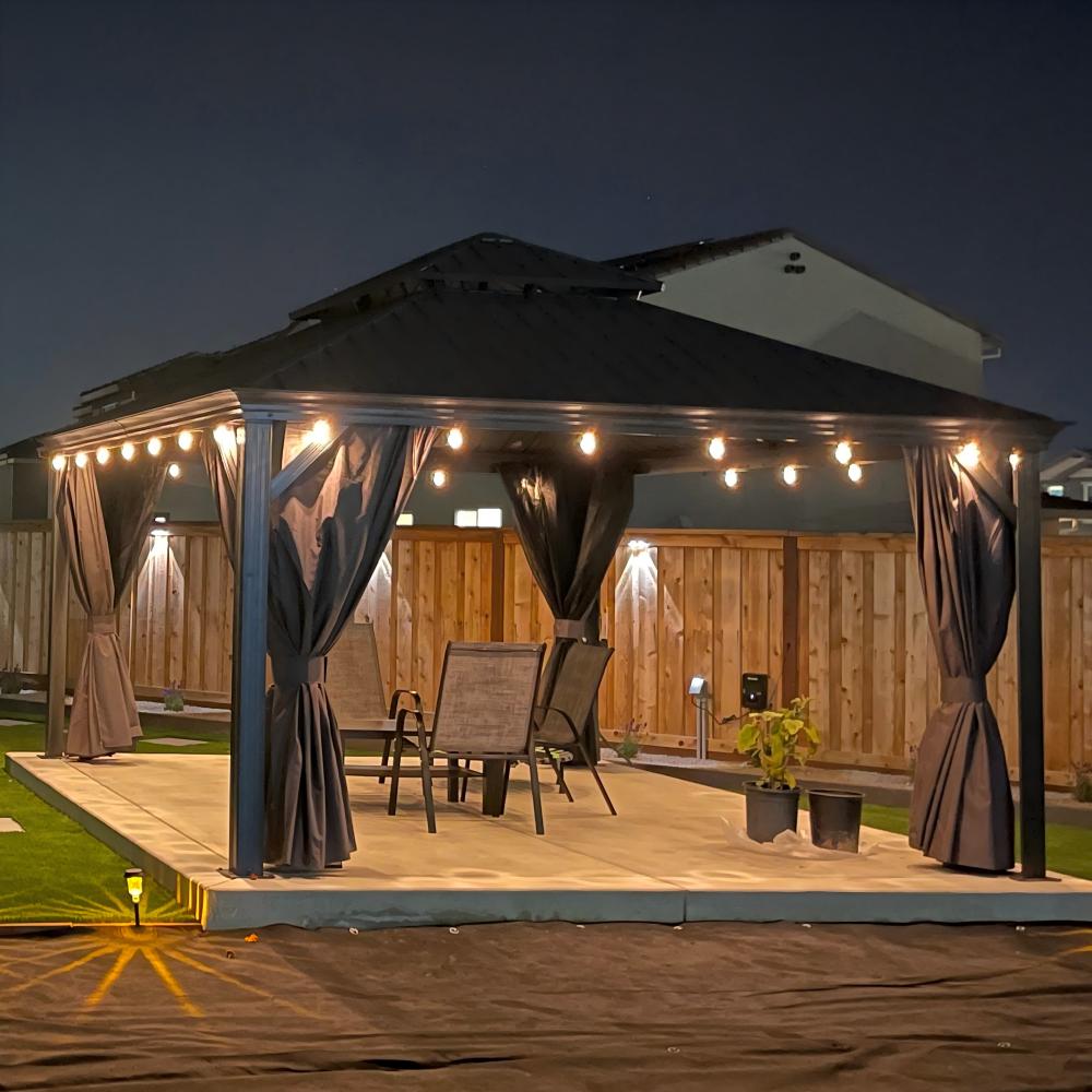 PURPLE LEAF Cenador de Aluminio para Jardín y Terraza con Luz LED Cálida Techo de Acero Galvanizado Cortinas y Mosquiteras Gris