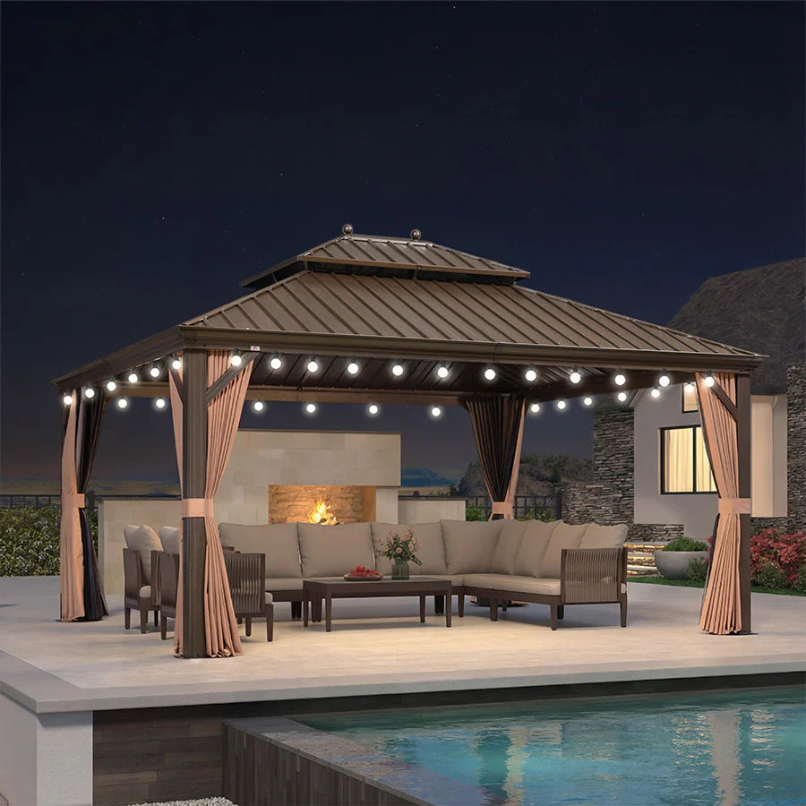 PURPLE LEAF Cenador Premium de Aluminio Bronce con Techo de Acero Galvanizado y Luz LED Neutra Integrada