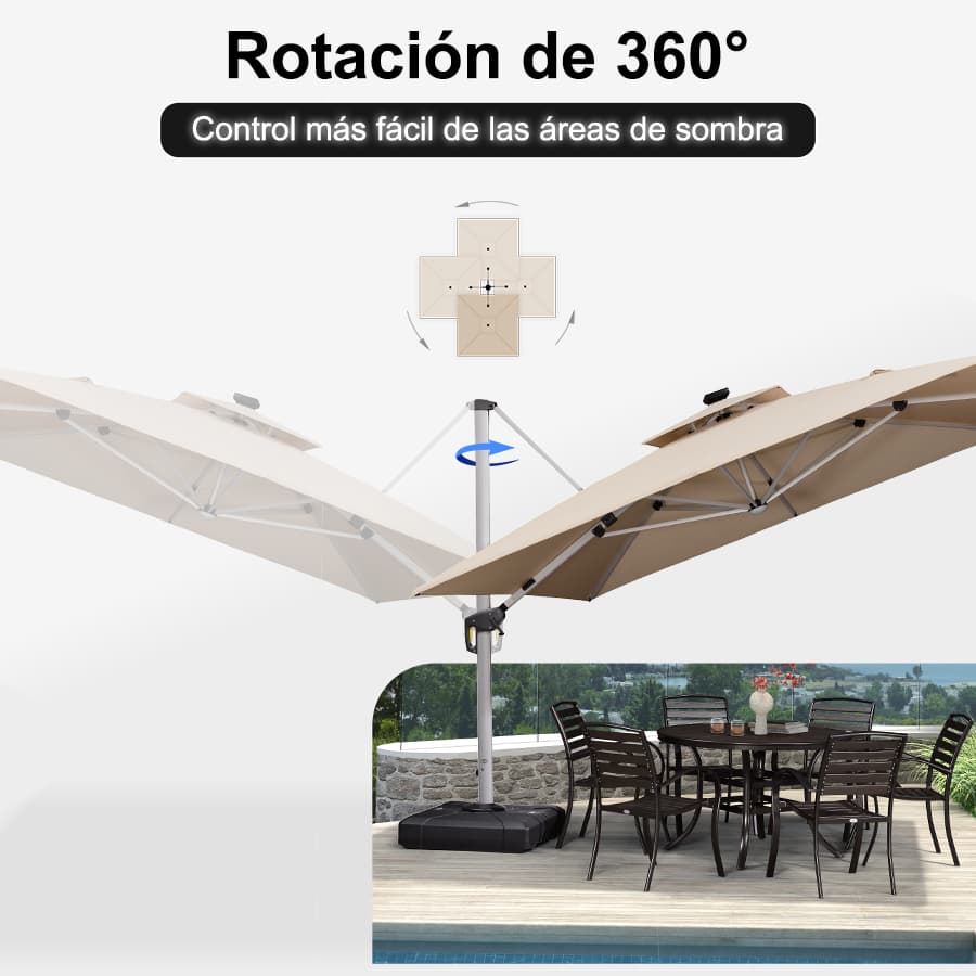 PURPLE LEAF Sombrilla cuadrada de doble cubierta con luces LED solares, ideal para jardín y terraza