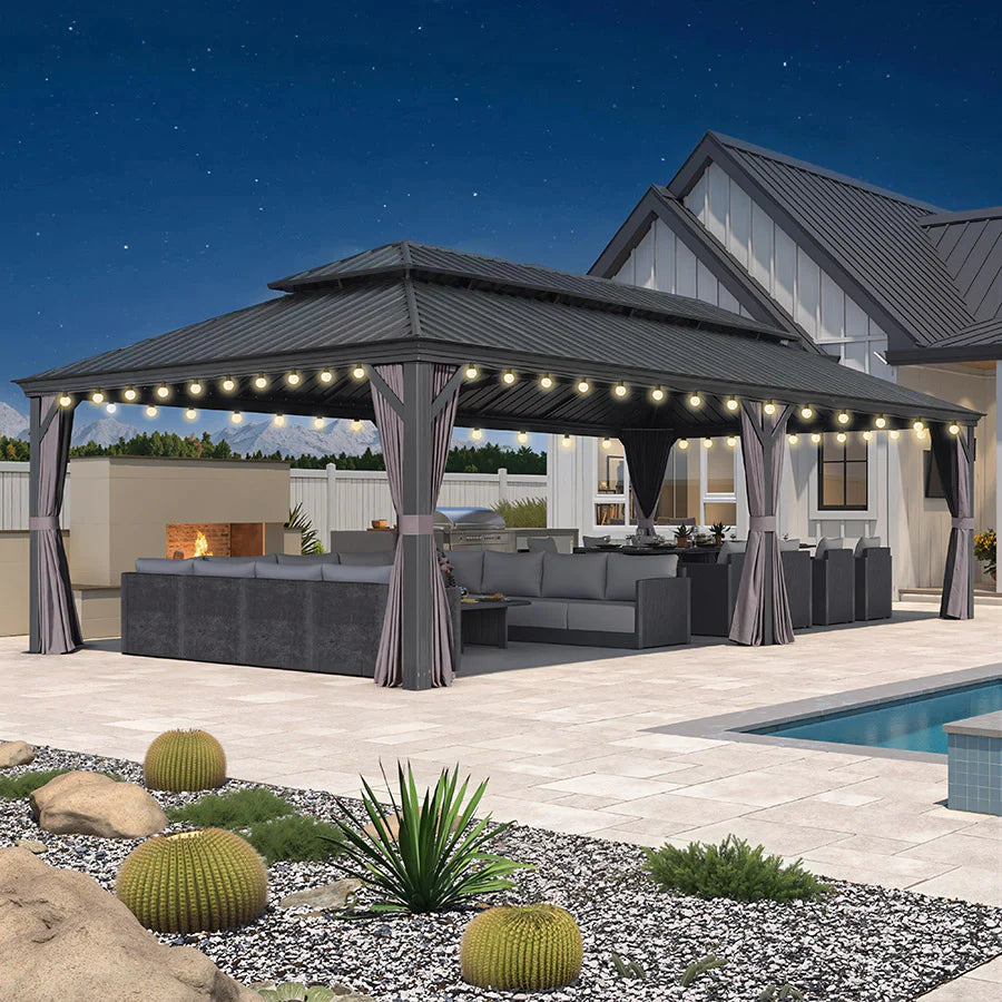 PURPLE LEAF Cenador de Aluminio para Jardín y Terraza con Luz LED Cálida Techo de Acero Galvanizado Cortinas y Mosquiteras Gris