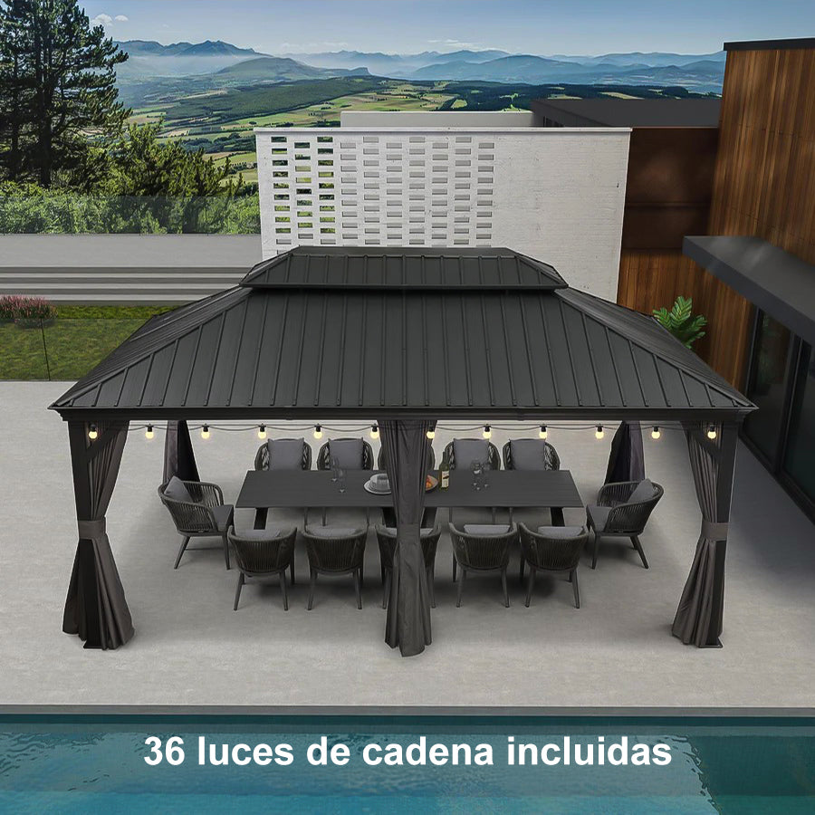 PURPLE LEAF Cenador de Aluminio para Jardín y Terraza con Luz LED Cálida Techo de Acero Galvanizado Cortinas y Mosquiteras Gris