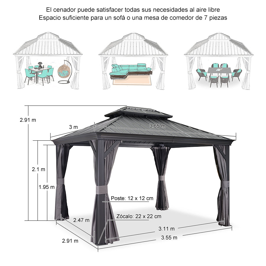 PURPLE LEAF Aluminio Cenador Jardin Cenadores Techo De Acero Galvanizado con Cortinas Y Mosquiteras para Exterior Terraza Gris